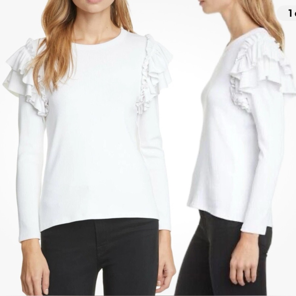 VERONICA BEARD Segrist Ruffle Stretch Ribbed Top Sz M White msrp $268